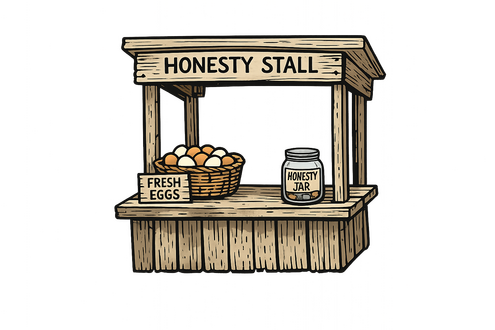 wooden stall with eggs and money jar